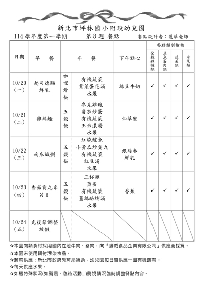 114學年度第一學期第8週餐點表