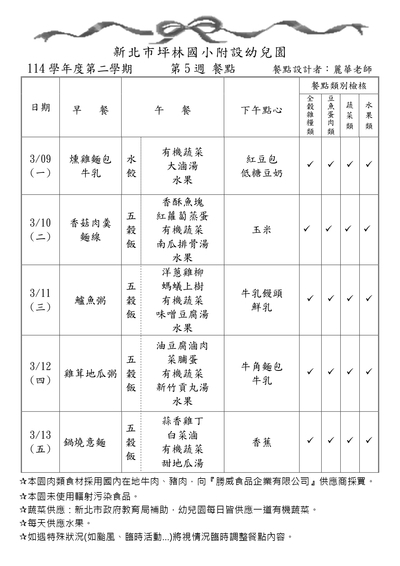 114學年度第二學期第5週餐點表