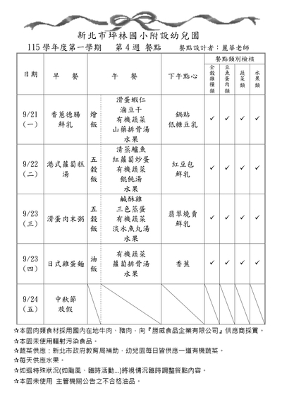 115學年度第一學期第4週餐點表