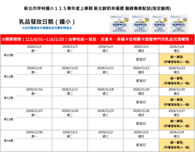 @115-1新北鮮奶幸福週-第10至14週-1151102至1151204-坪林國小發放日期