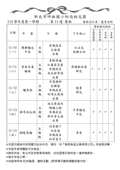 114學年度第一學期第11週餐點表