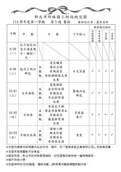 114學年度第一學期第5週餐點表