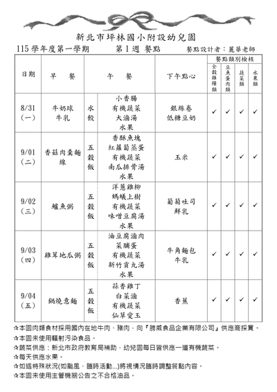 115學年度第一學期第1週餐點表