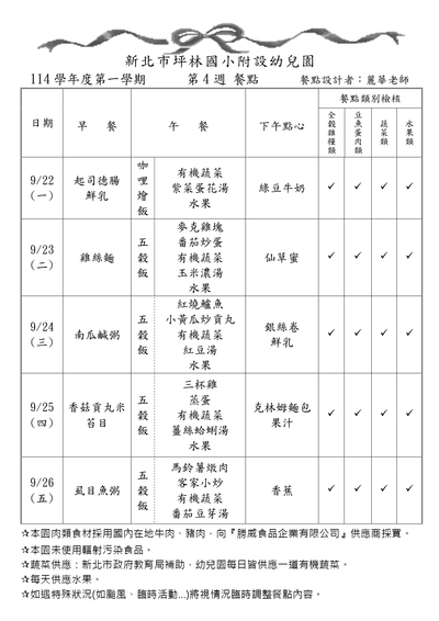 114學年度第一學期第4週餐點表