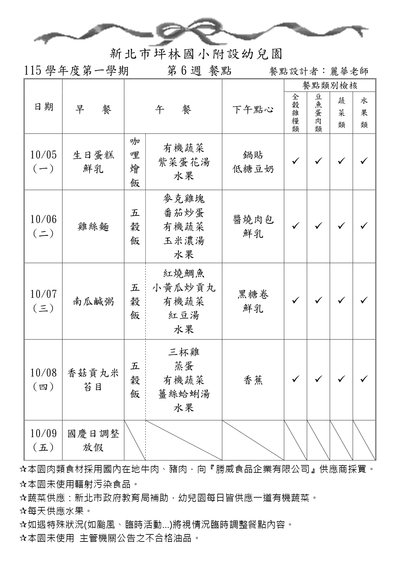 115學年度第一學期第6週餐點表