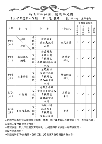 新北市坪林國小附設幼兒園114學年度第一學期第1週餐點表