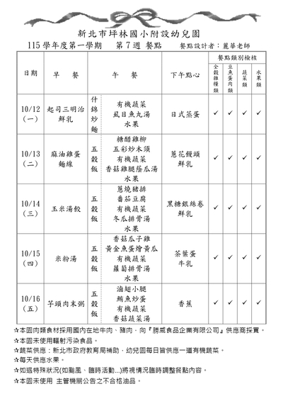 115學年度第一學期第7週餐點表