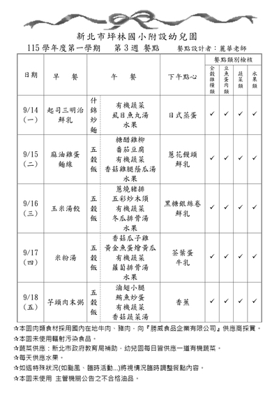 115學年度第一學期第3週餐點表