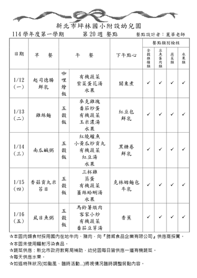 114學年度第一學期第20週餐點表