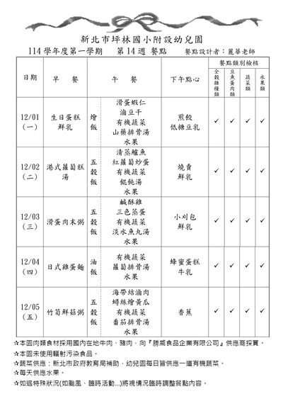 114學年度第一學期第14週餐點表