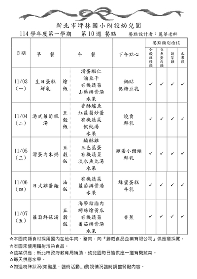 114學年度第一學期第10週餐點表