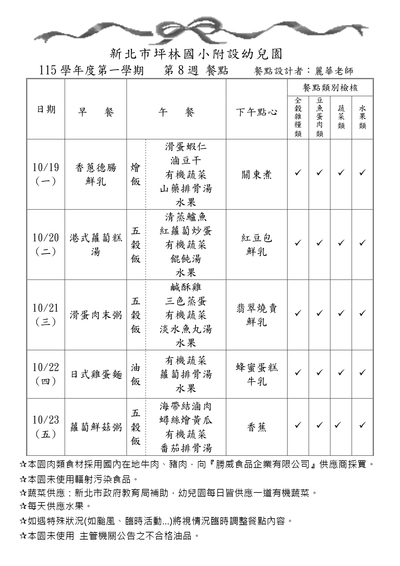 115學年度第一學期第8週餐點表